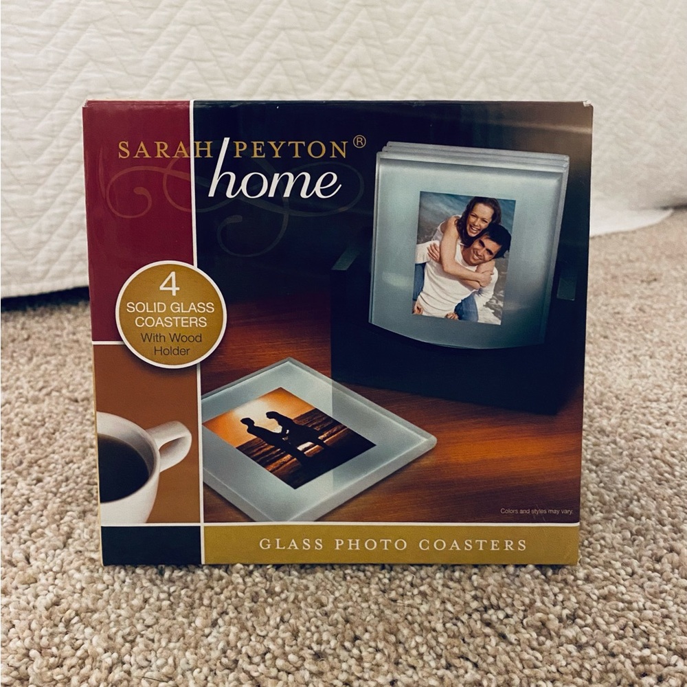 Sarah Peyton Home 4 Solid Glass Photo Coasters With Wood Holder